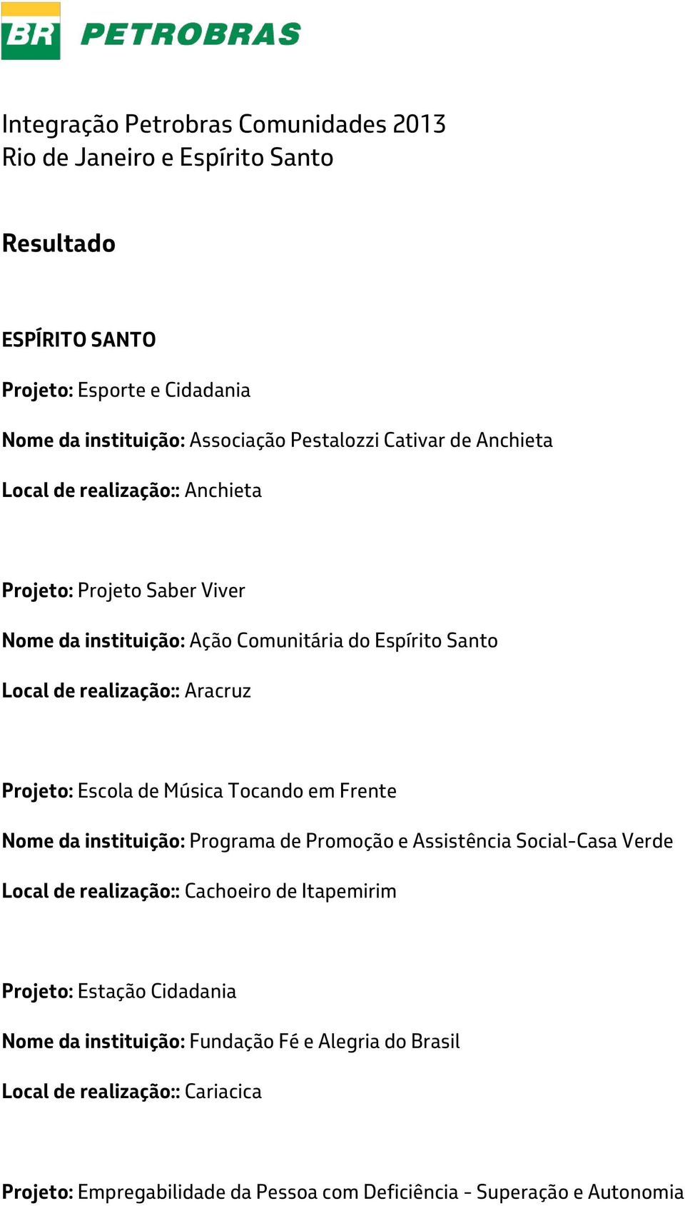 Projeto: Escola de Música Tocando em Frente Nome da instituição: Programa de Promoção e Assistência Social-Casa Verde Local de realização:: Cachoeiro de Itapemirim