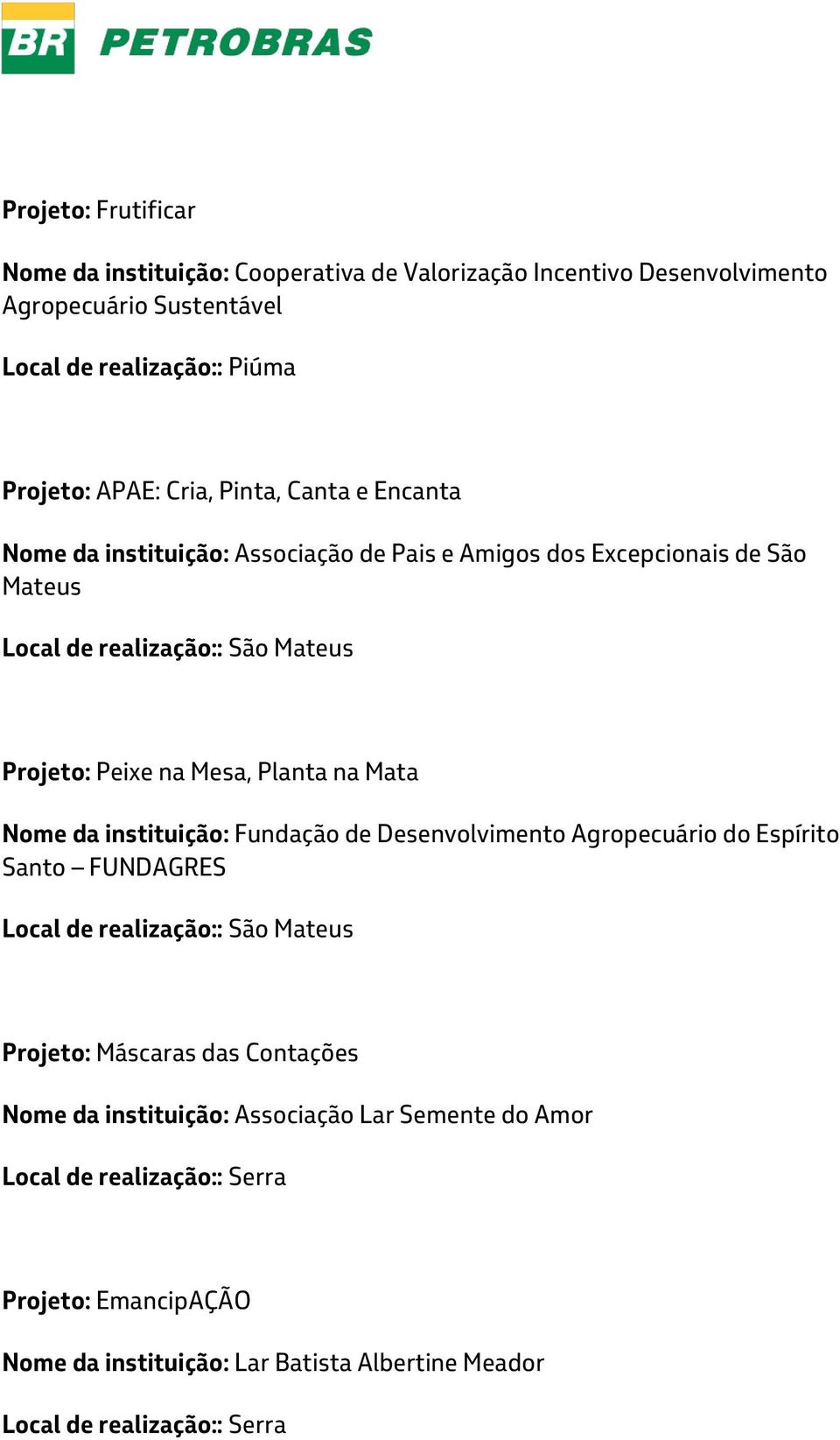 na Mata Nome da instituição: Fundação de Desenvolvimento Agropecuário do Espírito Santo FUNDAGRES Local de realização:: São Mateus Projeto: Máscaras das Contações Nome