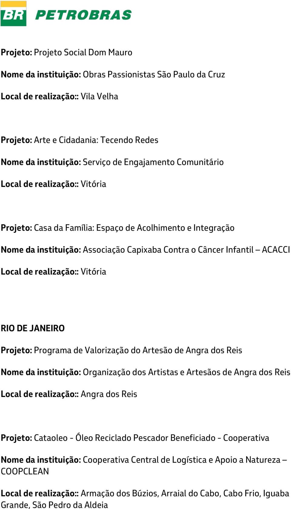 realização:: Vitória RIO DE JANEIRO Projeto: Programa de Valorização do Artesão de Angra dos Reis Nome da instituição: Organização dos Artistas e Artesãos de Angra dos Reis Local de realização::