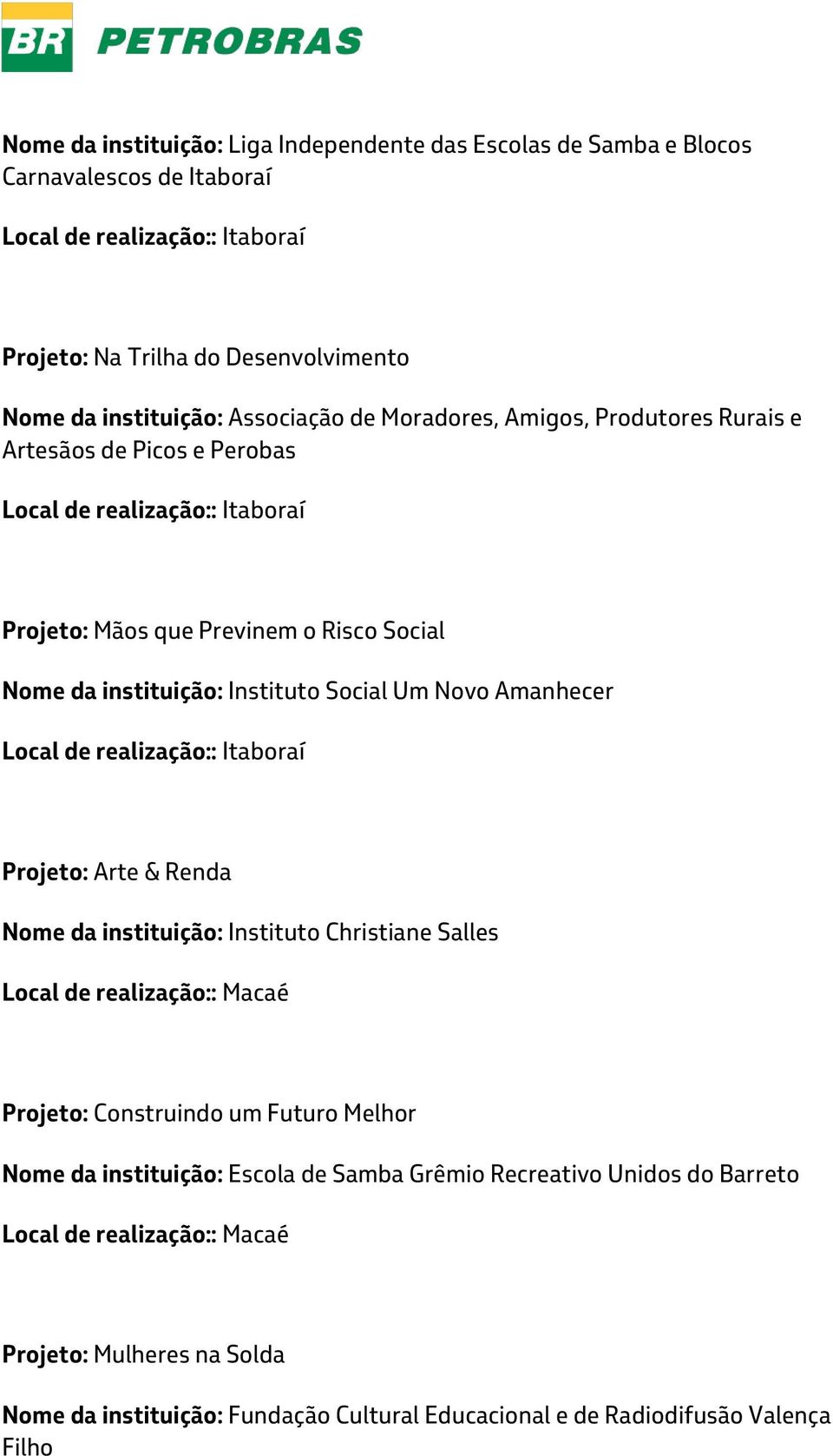 Um Novo Amanhecer Local de realização:: Itaboraí Projeto: Arte & Renda Nome da instituição: Instituto Christiane Salles Local de realização:: Macaé Projeto: Construindo um Futuro Melhor Nome da