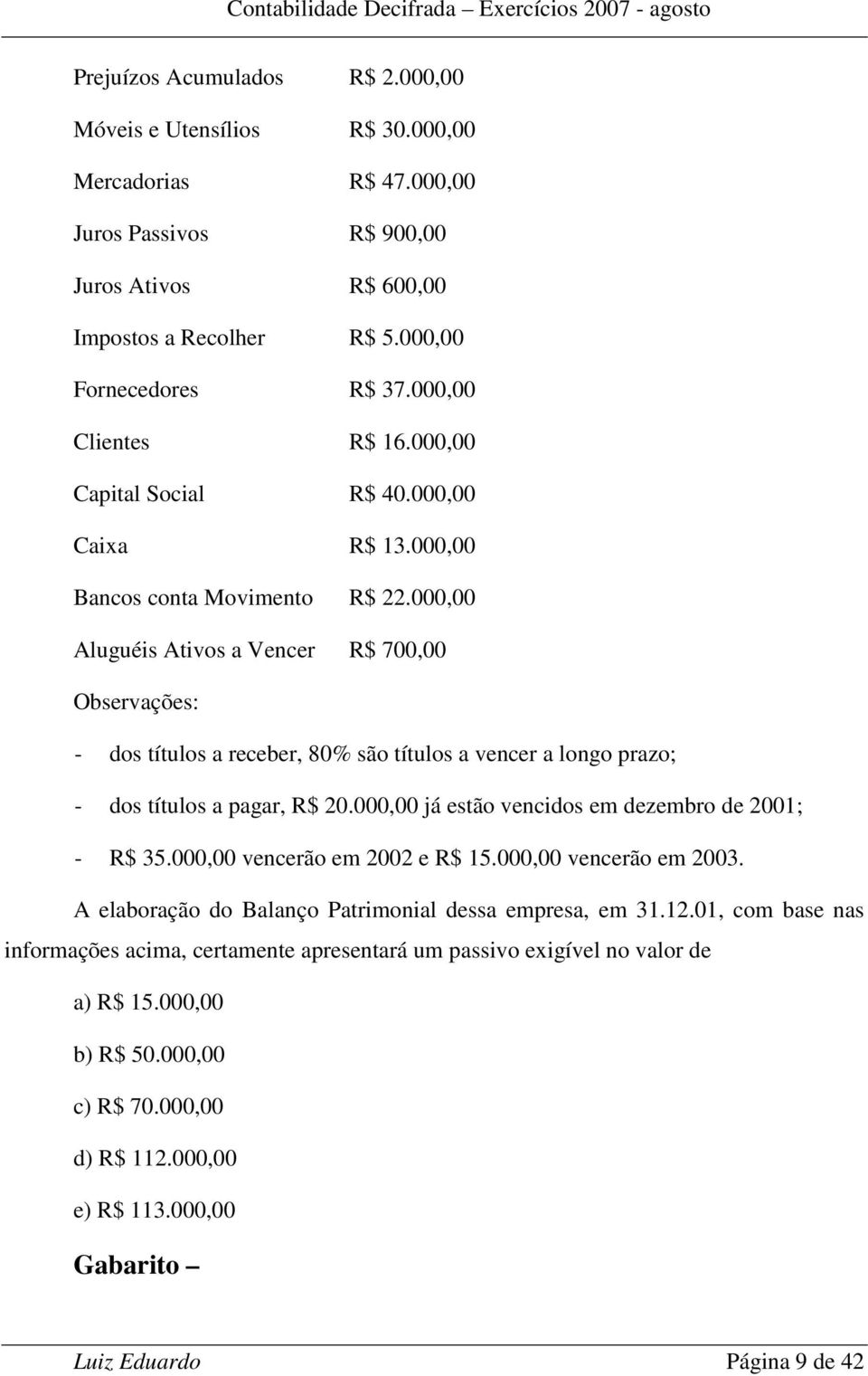 000,00 Aluguéis Ativos a Vencer R$ 700,00 Observações: - dos títulos a receber, 80% são títulos a vencer a longo prazo; - dos títulos a pagar, R$ 20.