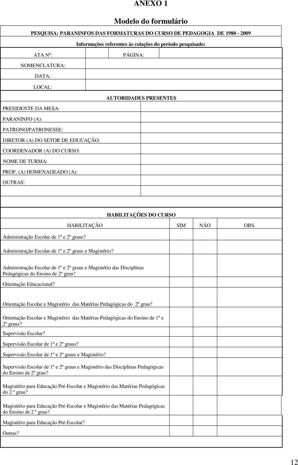 (A) HOMENAGEADO (A): OUTRAS: HABILITAÇÕES DO CURSO HABILITAÇÃO SIM NÃO OBS. Administração Escolar de 1º e 2º graus? Administração Escolar de 1º e 2º graus e Magistério?