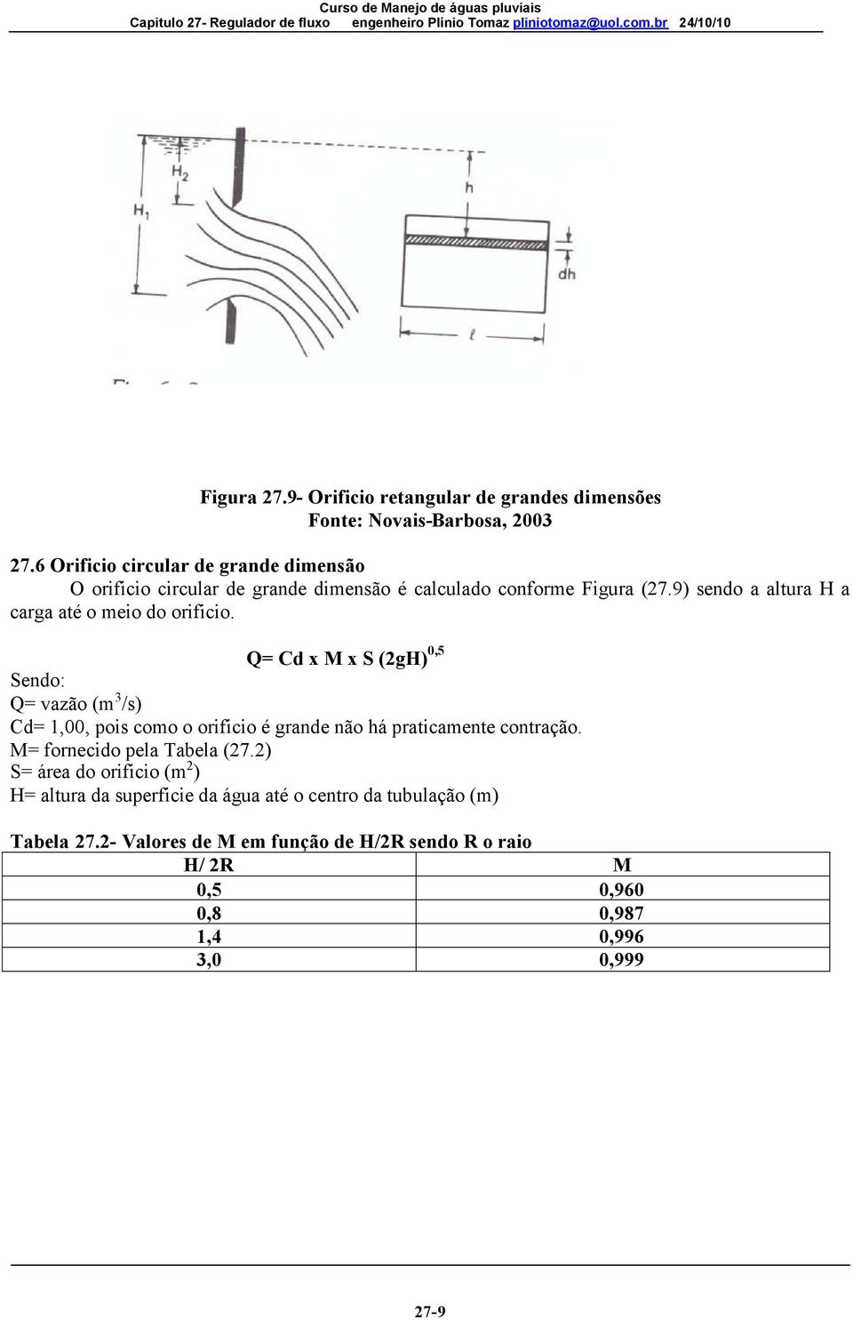 9) sendo a altura H a carga até o meio do orificio.