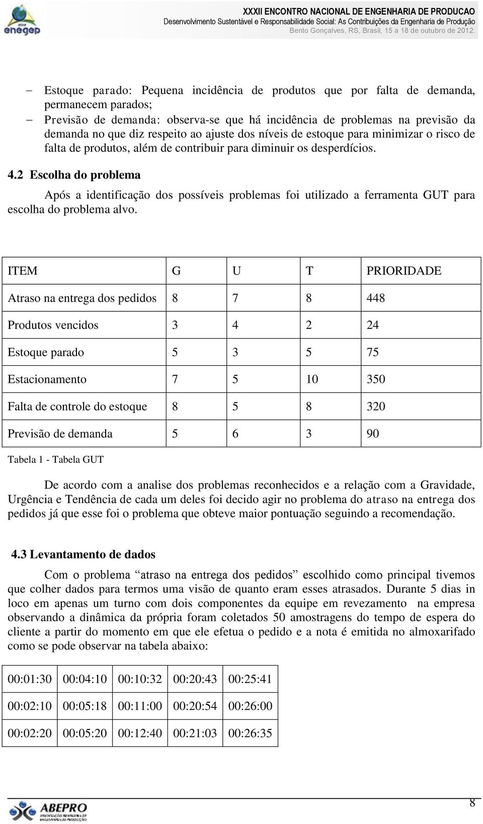 2 Escolha do problema Após a identificação dos possíveis problemas foi utilizado a ferramenta GUT para escolha do problema alvo.