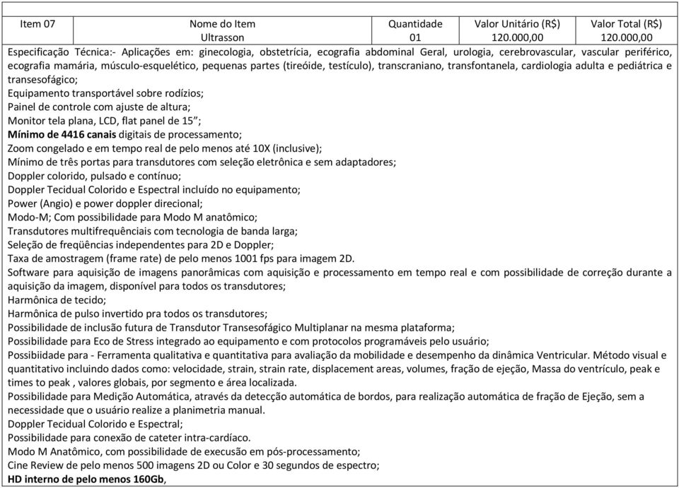 partes (tireóide, testículo), transcraniano, transfontanela, cardiologia adulta e pediátrica e transesofágico; Equipamento transportável sobre rodízios; Painel de controle com ajuste de altura;