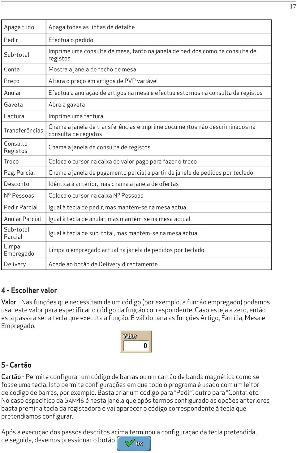 preço em artigos de PVP variável Efectua a anulação de artigos na mesa e efectua estornos na consulta de registos Abre a gaveta Imprime uma factura Chama a janela de transferências e imprime