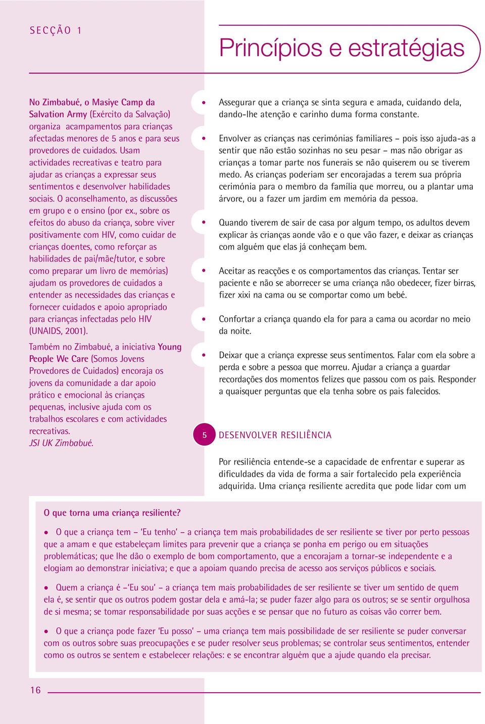 , sobre os efeitos do abuso da criança, sobre viver positivamente com HIV, como cuidar de crianças doentes, como reforçar as habilidades de pai/mãe/tutor, e sobre como preparar um livro de memórias)