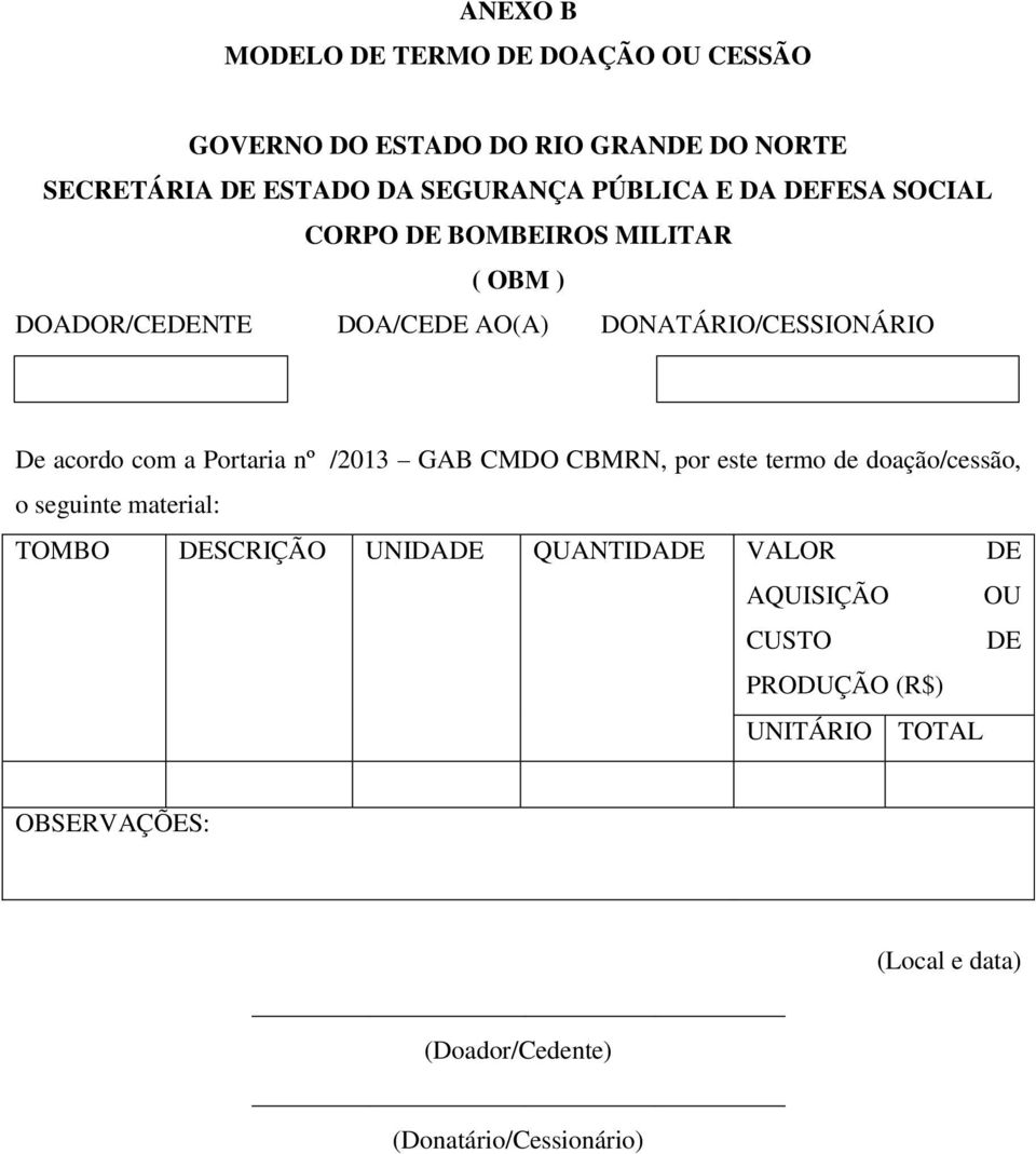 /2013 GAB CMDO CBMRN, por este termo de doação/cessão, o seguinte material: TOMBO DESCRIÇÃO UNIDADE QUANTIDADE VALOR