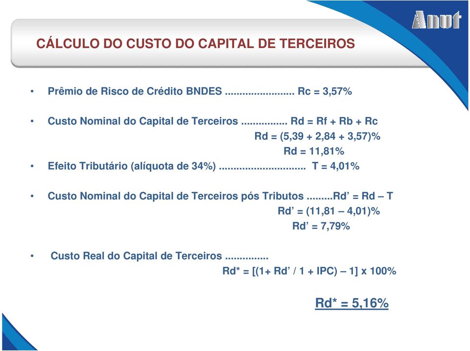 .. Rd = Rf + Rb + Rc Rd = (5,39 + 2,84 + 3,57)% Rd = 11,81% Efeito Tributário (alíquota de 34%).