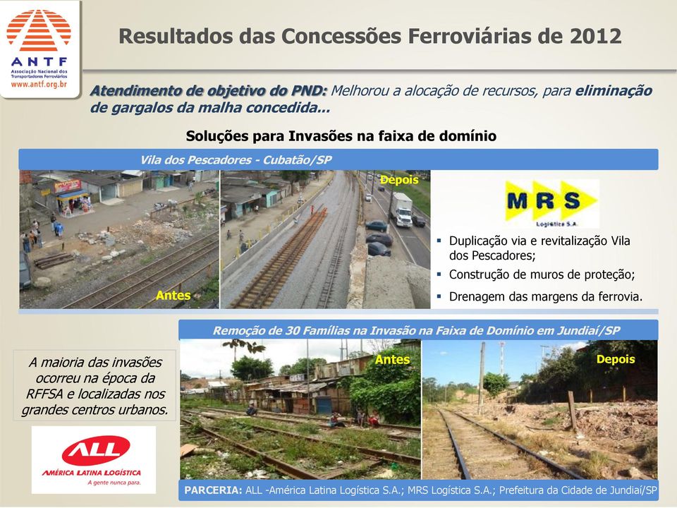 Construção de muros de proteção; Drenagem das margens da ferrovia.