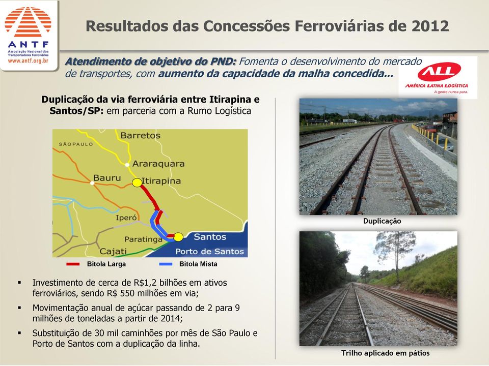 Investimento de cerca de R$1,2 bilhões em ativos ferroviários, sendo R$ 550 milhões em via; Movimentação anual de açúcar passando de 2 para 9