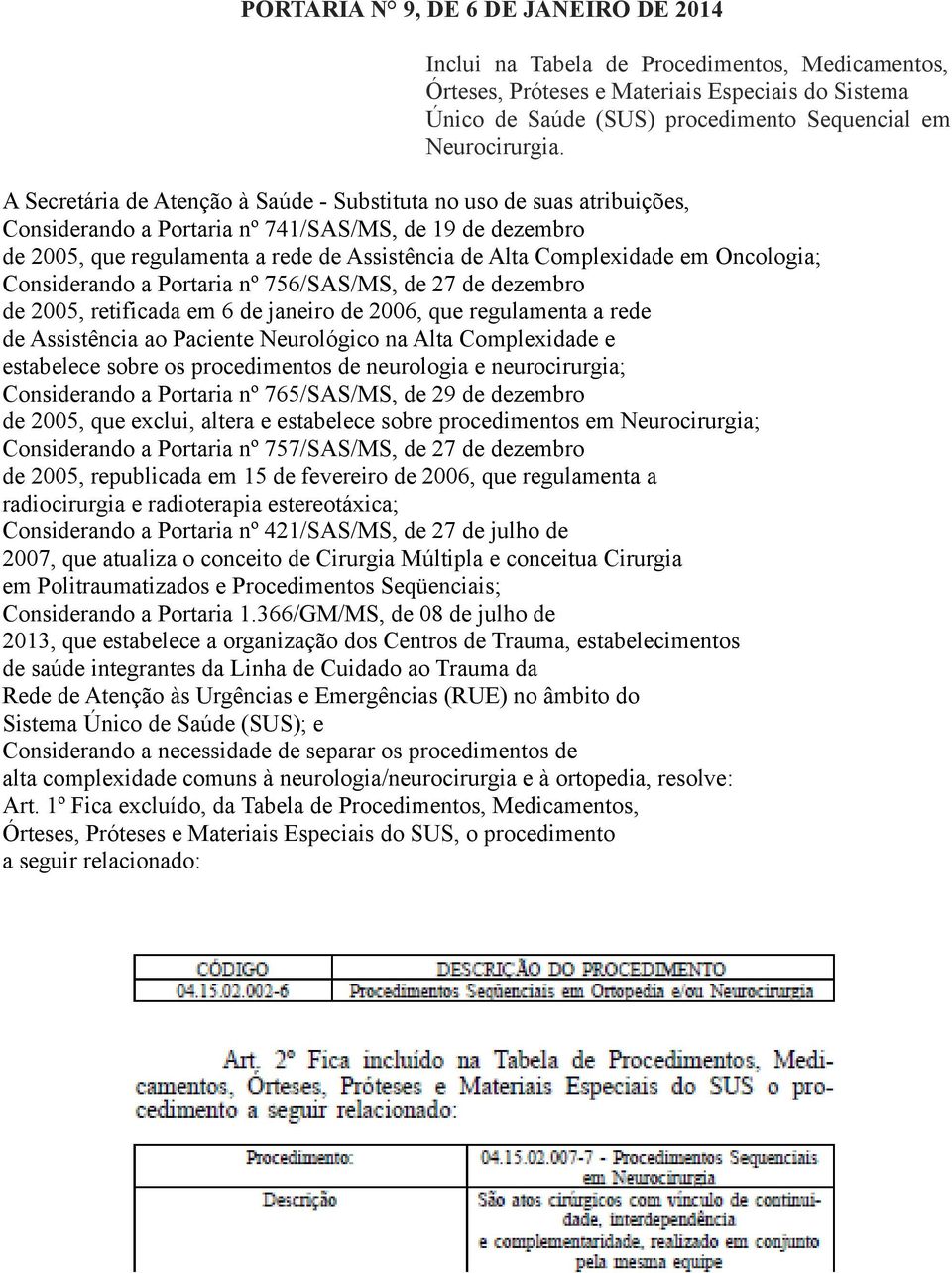 em Oncologia; Considerando a Portaria nº 756/SAS/MS, de 27 de dezembro de 2005, retificada em 6 de janeiro de 2006, que regulamenta a rede de Assistência ao Paciente Neurológico na Alta Complexidade