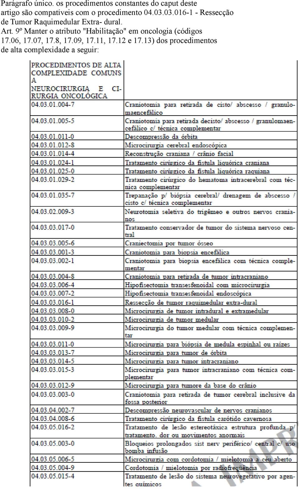 procedimento 04.03.03.016-1 - Ressecção de Tumor Raquimedular Extra- dural. Art.