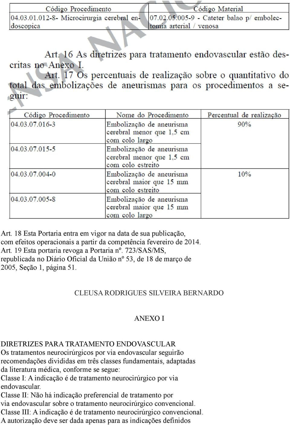 CLEUSA RODRIGUES SILVEIRA BERNARDO ANEXO I DIRETRIZES PARA TRATAMENTO ENDOVASCULAR Os tratamentos neurocirúrgicos por via endovascular seguirão recomendações divididas em três classes fundamentais,