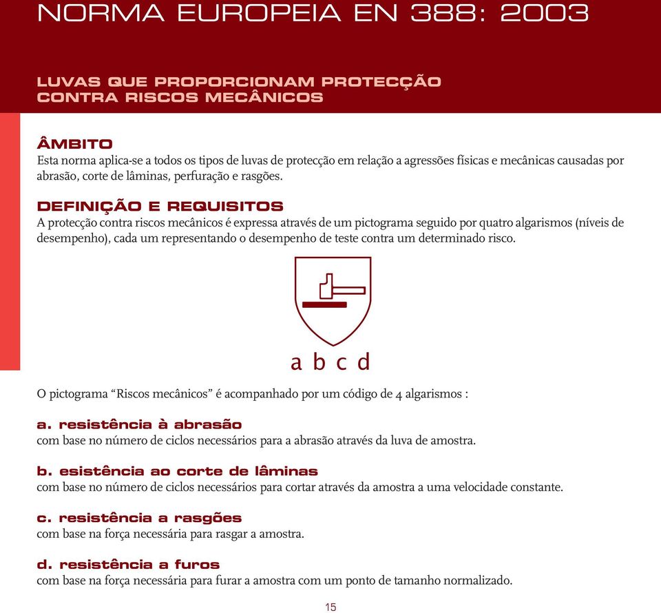 DEFINIÇÃO E REQUISITOS A protecção contra riscos mecânicos é expressa através de um pictograma seguido por quatro algarismos (níveis de desempenho), cada um representando o desempenho de teste contra