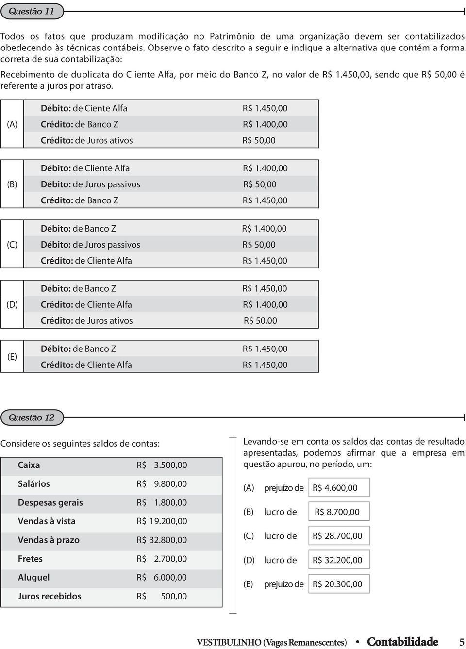 450,00, sendo que R$ 50,00 é referente a juros por atraso. () Débito: de Ciente lfa R$ 1.450,00 Crédito: de Banco Z R$ 1.400,00 Crédito: de Juros ativos R$ 50,00 (B) Débito: de Cliente lfa R$ 1.