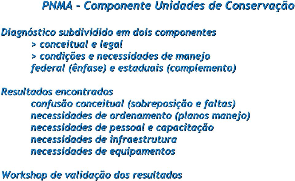 confusão conceitual (sobreposição e faltas) necessidades de ordenamento (planos manejo) necessidades de