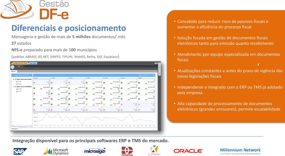 eletrônicos tanto para emissão quanto recebimento Atendimento por equipe especializada em documentos fiscais Atualizações constantes e antes do prazo de vigência das novas legislações fiscais