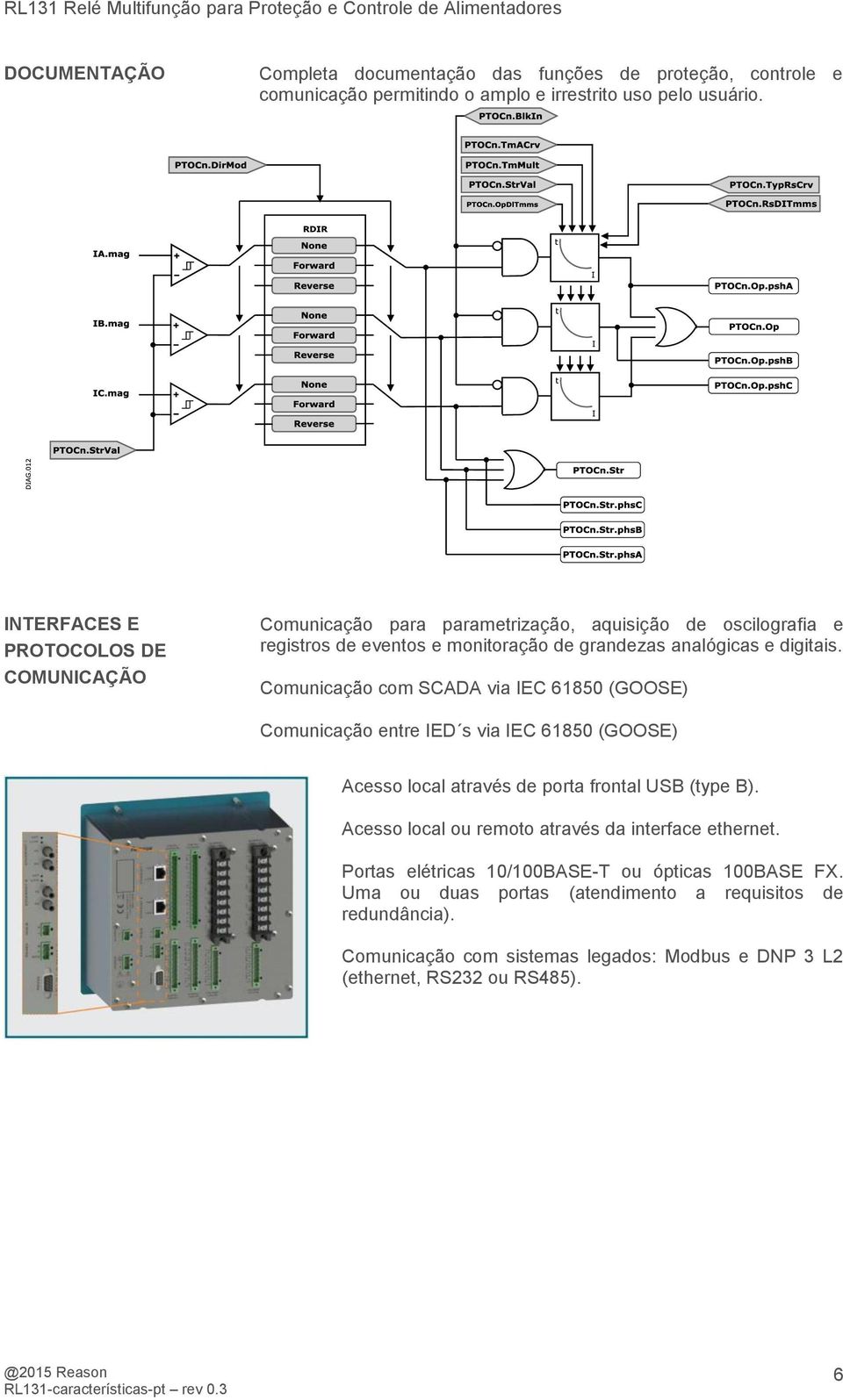 Comunicação com SCADA via IEC 61850 (GOOSE) Comunicação entre IED s via IEC 61850 (GOOSE) Acesso local através de porta frontal USB (type B).