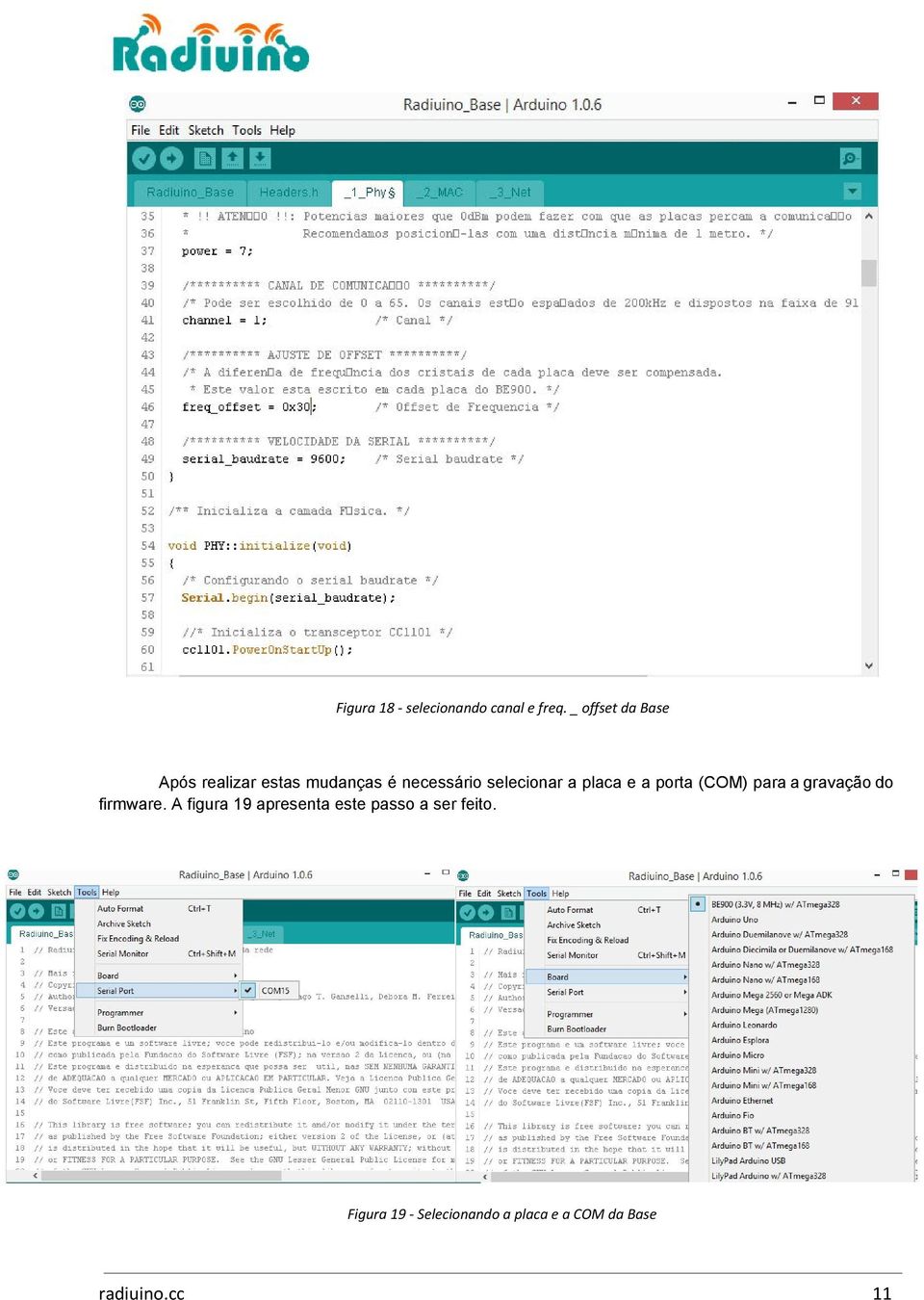 selecionar a placa e a porta (COM) para a gravação do firmware.