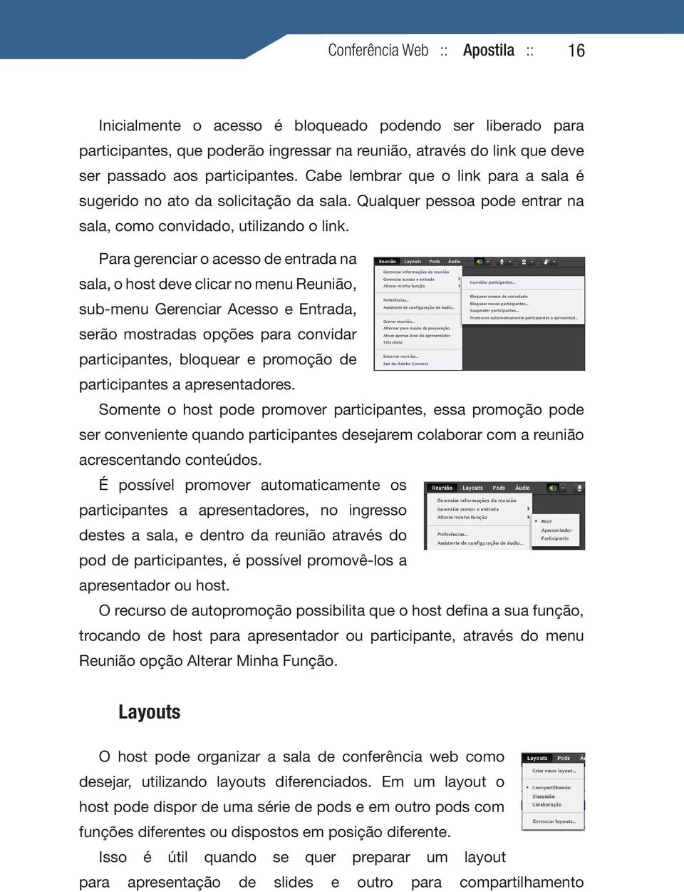 Para gerenciar o acesso de entrada na sala, o host deve clicar no menu Reunião, sub-menu Gerenciar Acesso e Entrada, serão mostradas opções para convidar participantes, bloquear e promoção de