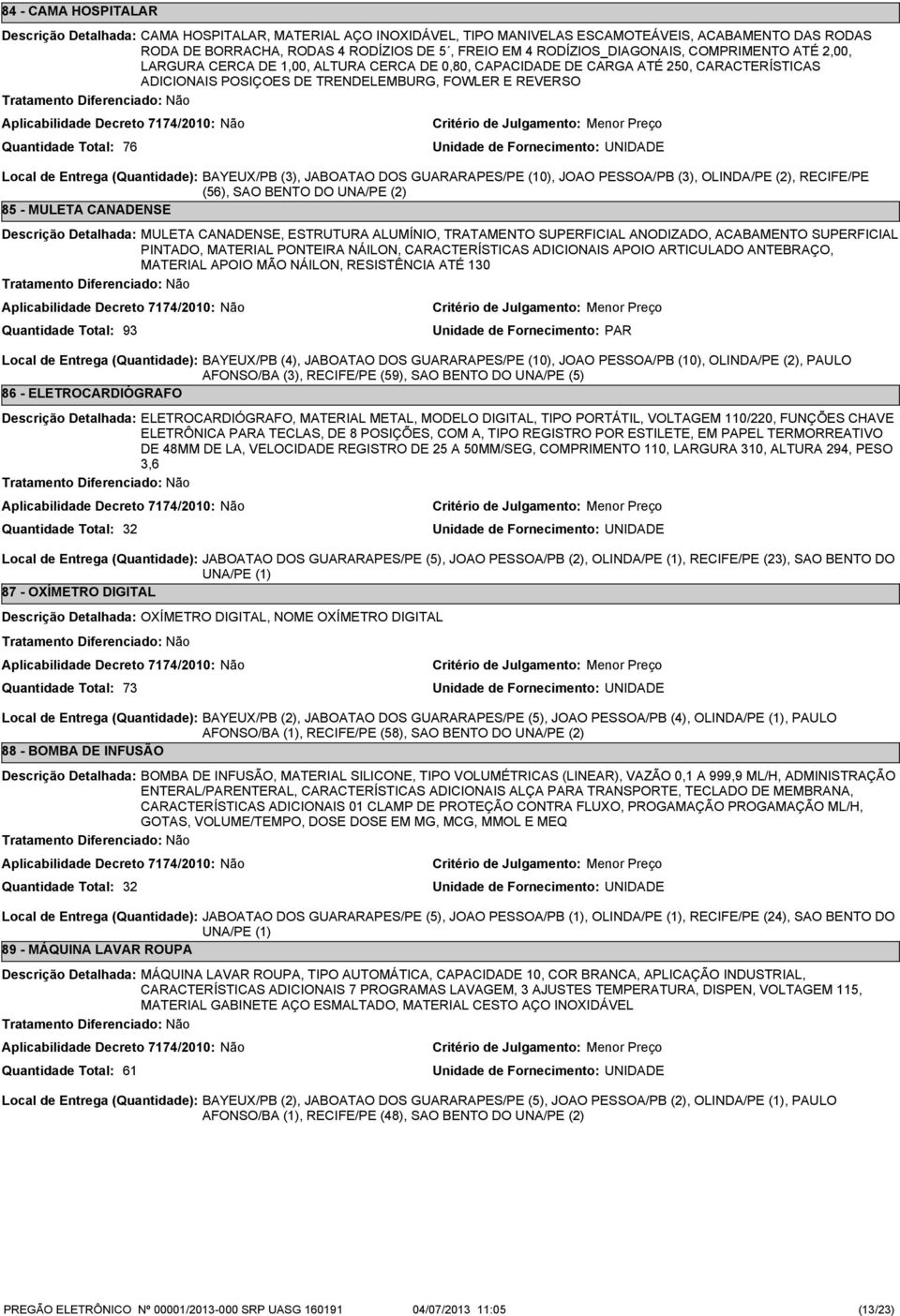 Entrega (Quantidade): BAYEUX/PB (3), JABOATAO DOS GUARARAPES/PE (10), JOAO PESSOA/PB (3), OLINDA/PE (2), RECIFE/PE (56), SAO BENTO DO UNA/PE (2) 85 - MULETA CANADENSE Descrição Detalhada: MULETA