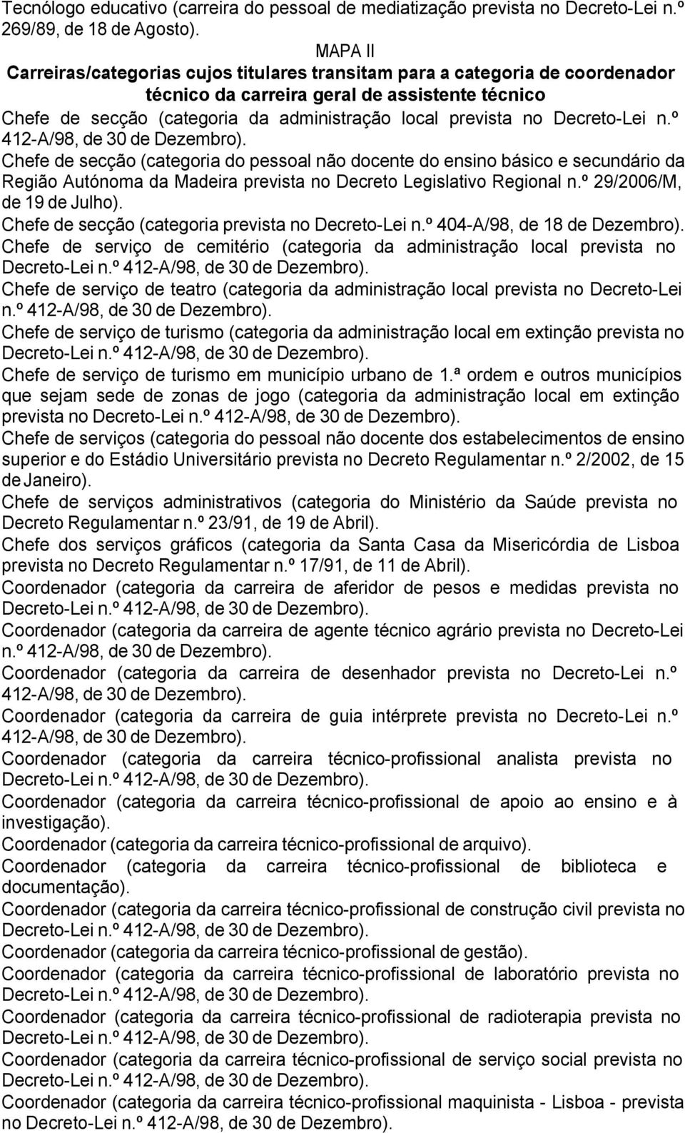 Decreto-Lei n.º 412-A/98, de 30 de Dezembro). Chefe de secção (categoria do pessoal não docente do ensino básico e secundário da Região Autónoma da Madeira prevista no Decreto Legislativo Regional n.