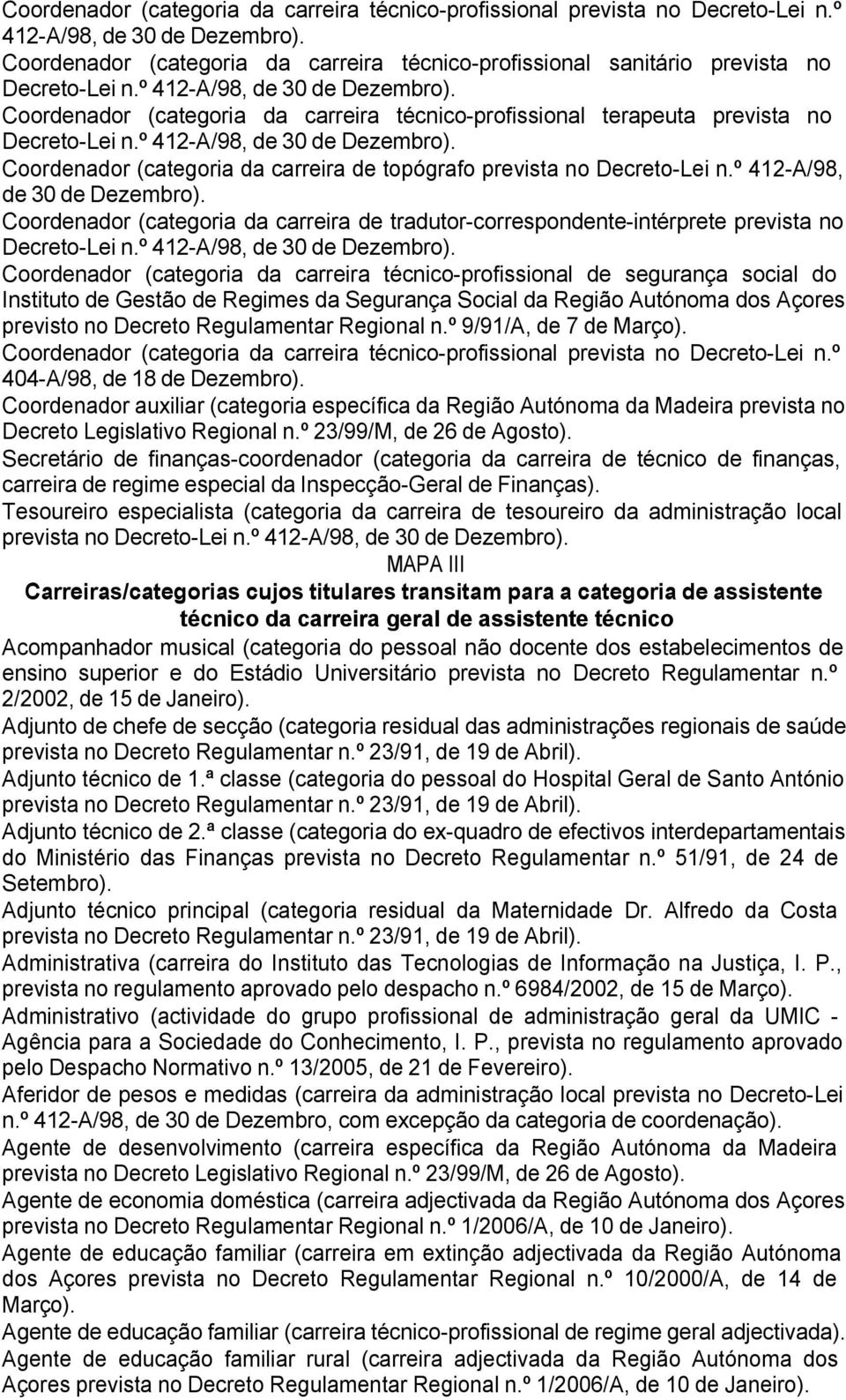 Coordenador (categoria da carreira técnico-profissional terapeuta prevista no Decreto-Lei n.º 412-A/98, de 30 de Dezembro). Coordenador (categoria da carreira de topógrafo prevista no Decreto-Lei n.