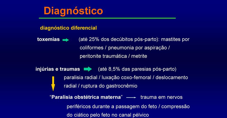 pós-parto) paralisia radial / luxação coxo-femoral / deslocamento radial / ruptura do gastrocnêmio Paralisia