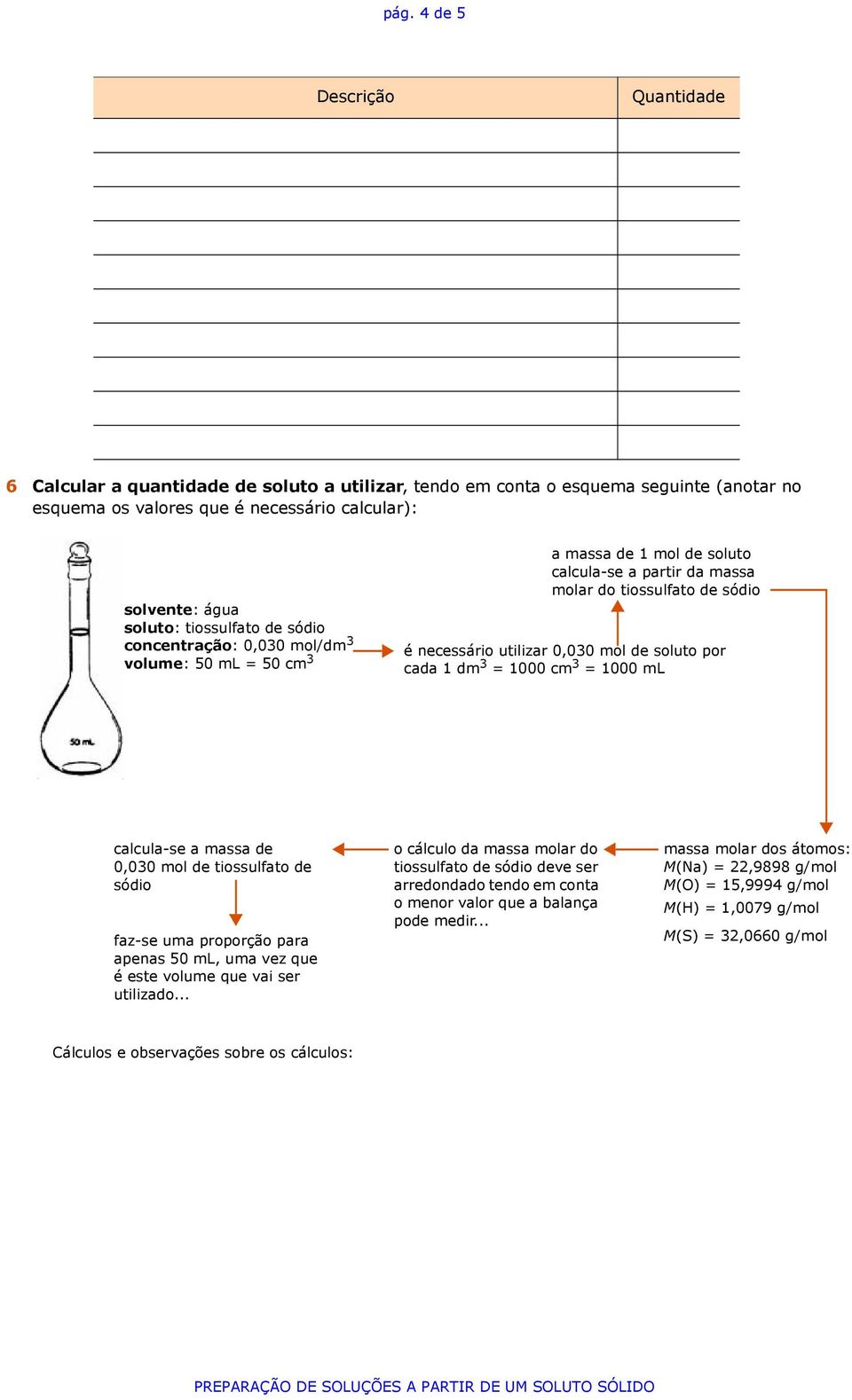 tiossulfato de sódio faz-se uma proporção para apenas 50 ml, uma vez que é este volume que vai ser utilizado.