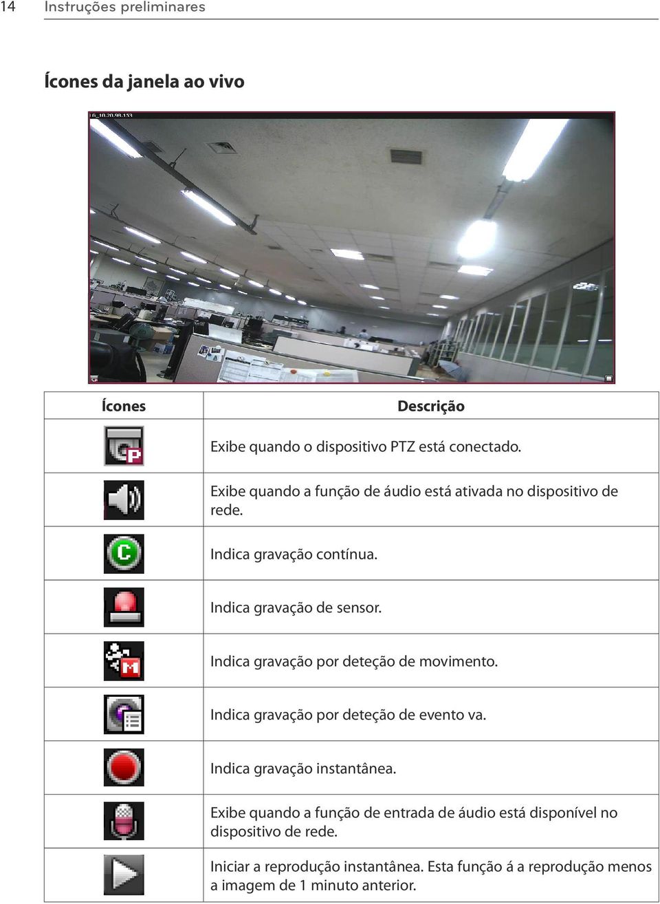 Indica gravação por deteção de movimento. Indica gravação por deteção de evento va. Indica gravação instantânea.