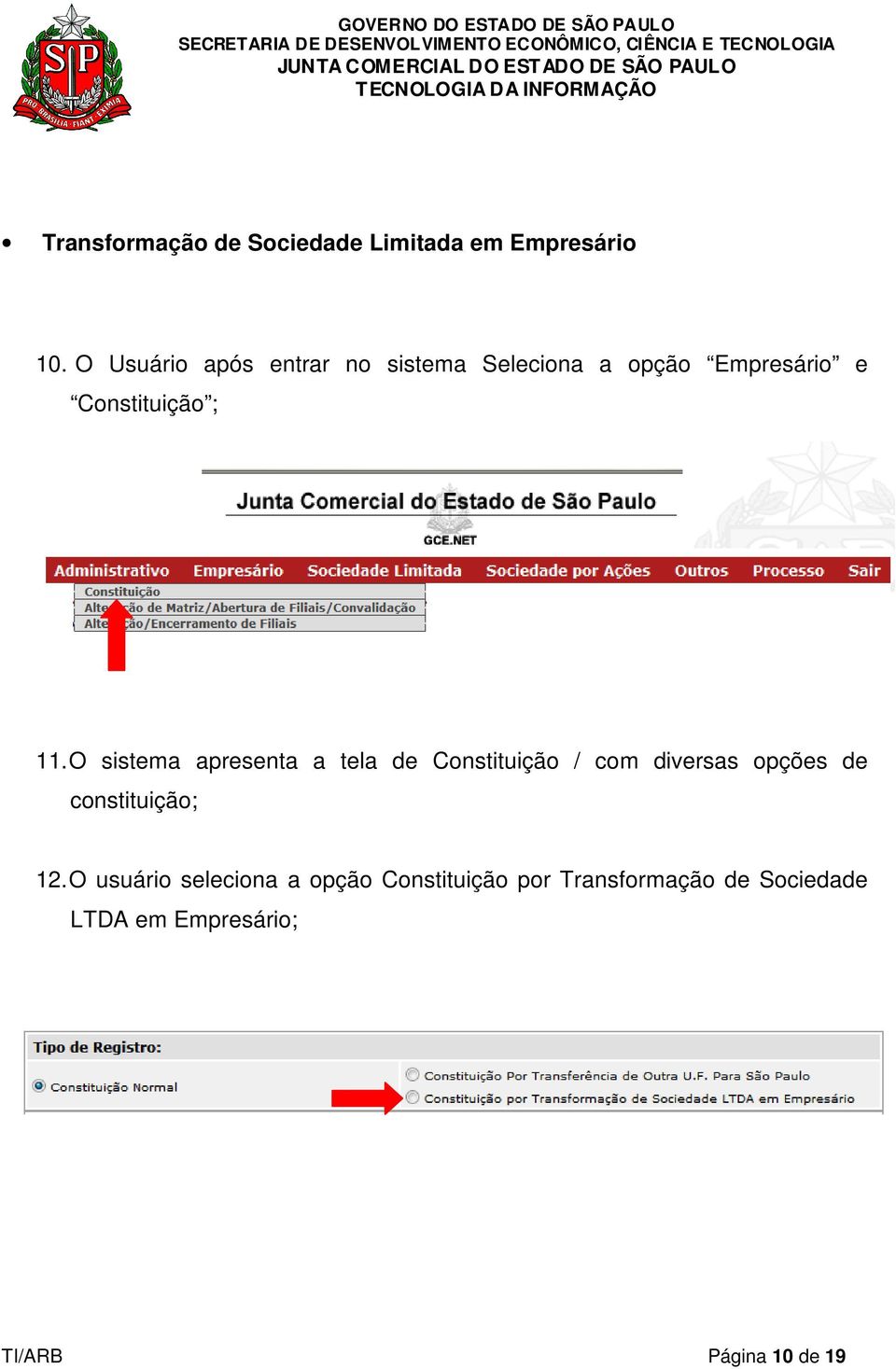 O sistema apresenta a tela de Constituição / com diversas opções de constituição; 12.