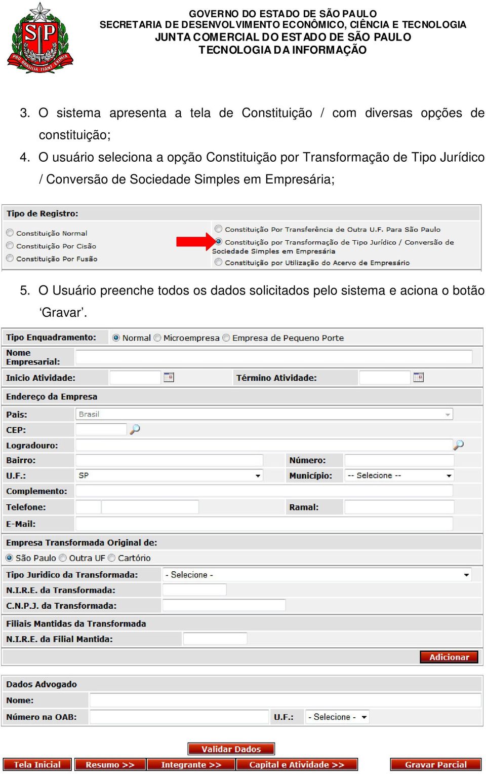 O usuário seleciona a opção Constituição por Transformação de Tipo Jurídico /