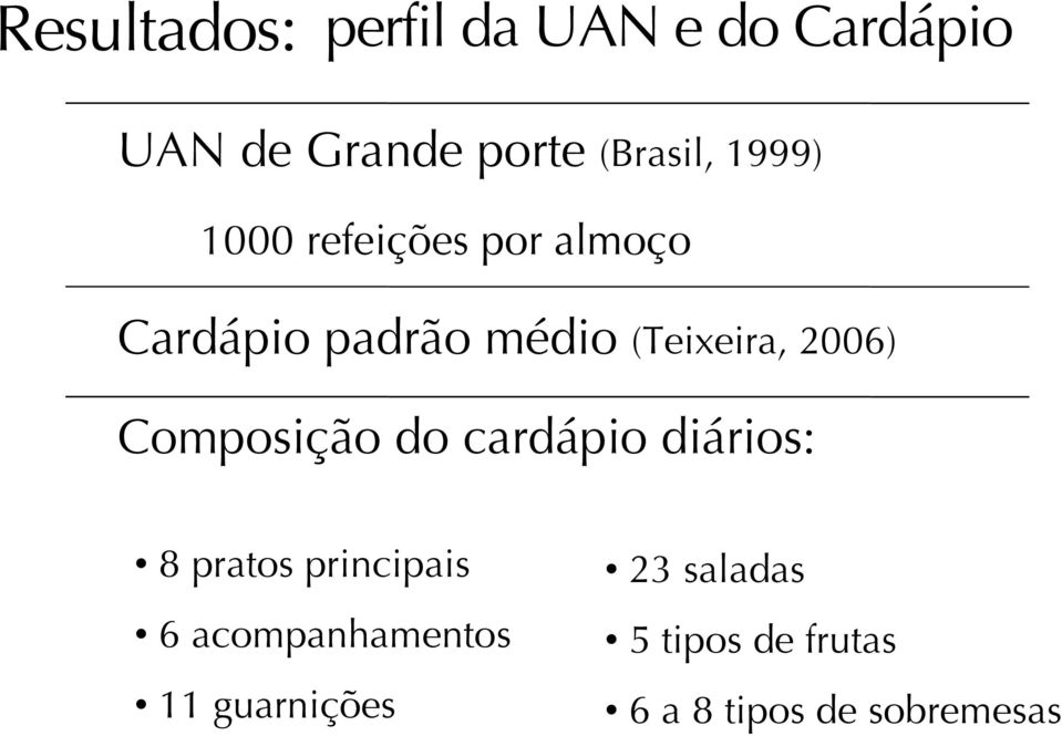 2006) Composição do cardápio diários: 8 pratos principais 6