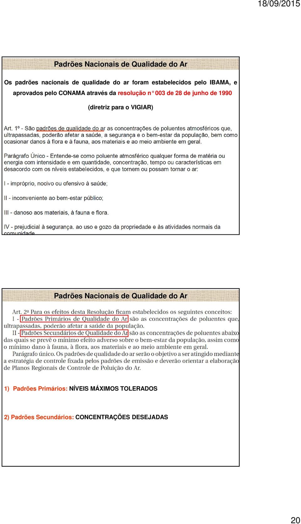 junho de 1990 (diretriz para o VIGIAR) Padrões Nacionais de Qualidade do Ar 1)