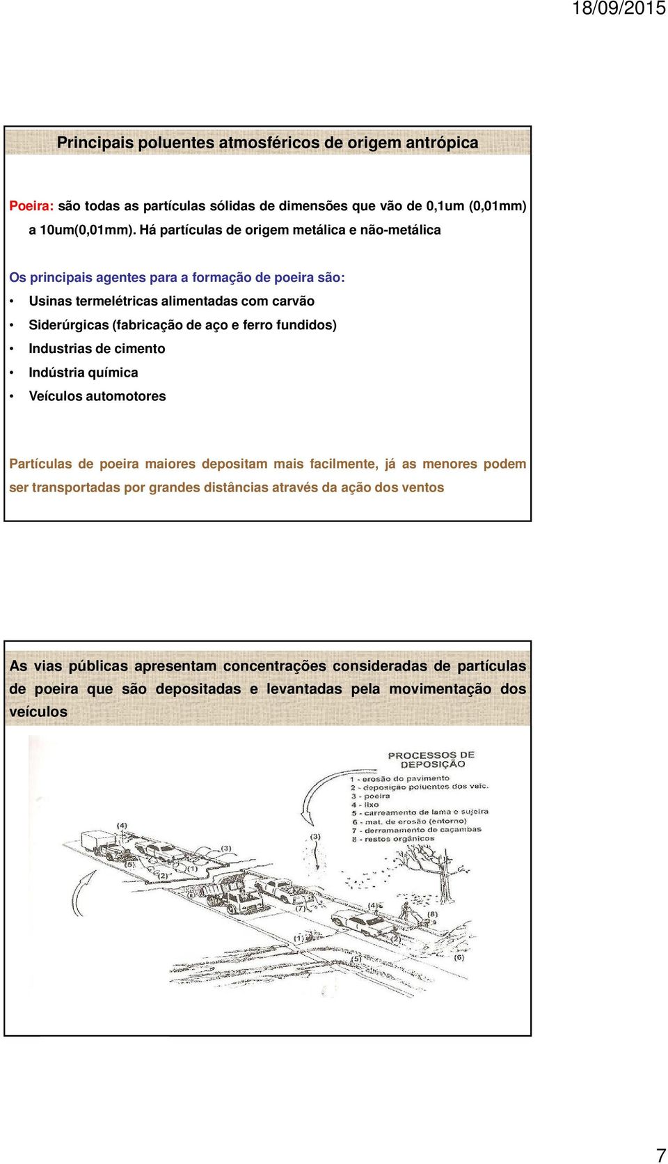 aço e ferro fundidos) Industrias de cimento Indústria química Veículos automotores Partículas de poeira maiores depositam mais facilmente, já as menores podem ser