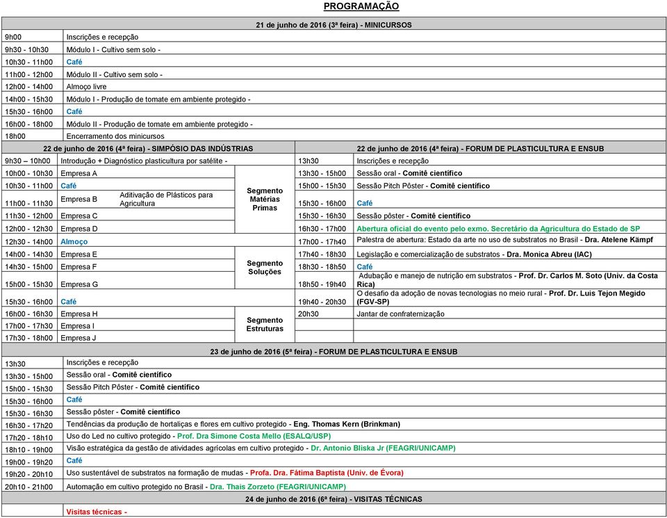 junho de 2016 (4ª feira) - SIMPÓSIO DAS INDÚSTRIAS 22 de junho de 2016 (4ª feira) - FORUM DE PLASTICULTURA E ENSUB 9h30 10h00 Introdução + Diagnóstico plasticultura por satélite - 13h30 Inscrições e