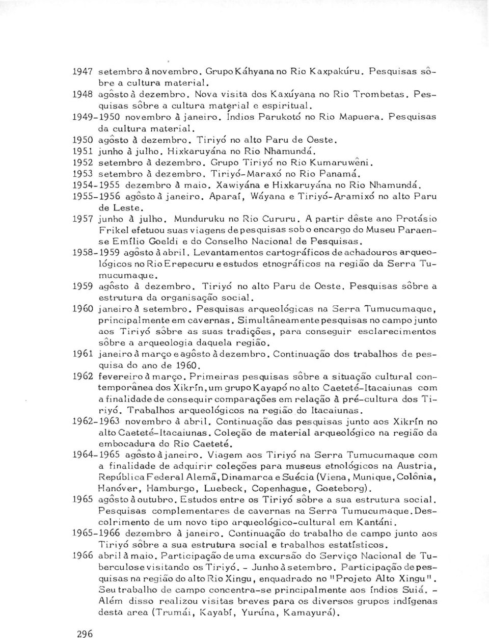 1951 junho á julho. Hixkaruyána no Rio Nhamundá. 1952 setembro á dezembro. Grupo Tiriyó no Rio Kumaruweni. 1953 setembro á dezembro. Tiriyó-Maraxó no Rio Panamá. 1954-1955 dezembro á maio.