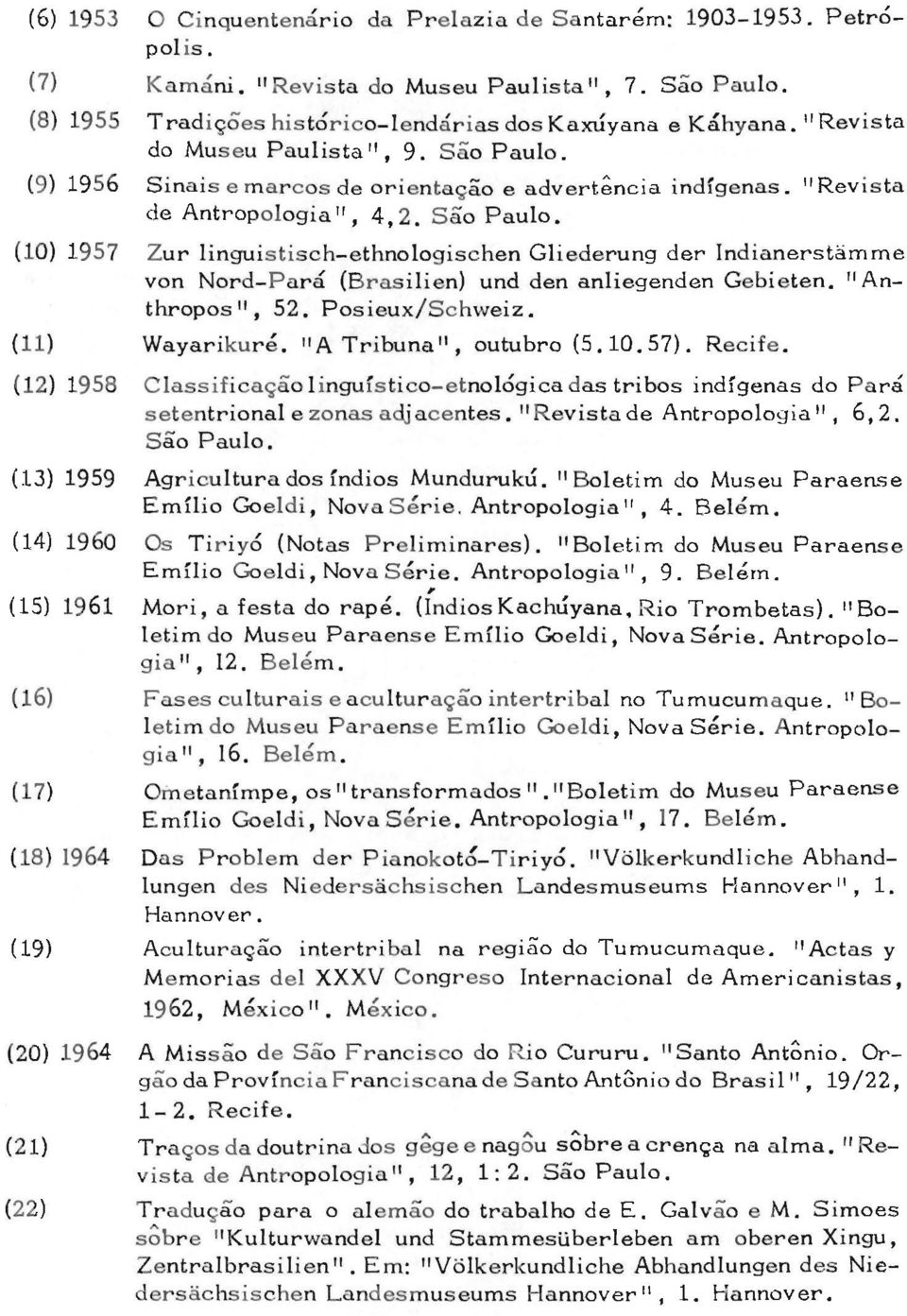 "Anthropos", 52. Posieux/Schweiz. (11) Wayarikure. "A Tribuna", outubro (5.10.57). Recife. (12) 1958 ClassificagSolingufstico-etnológicadastribos indígenas do Para setentrional ezonas adjacentes.