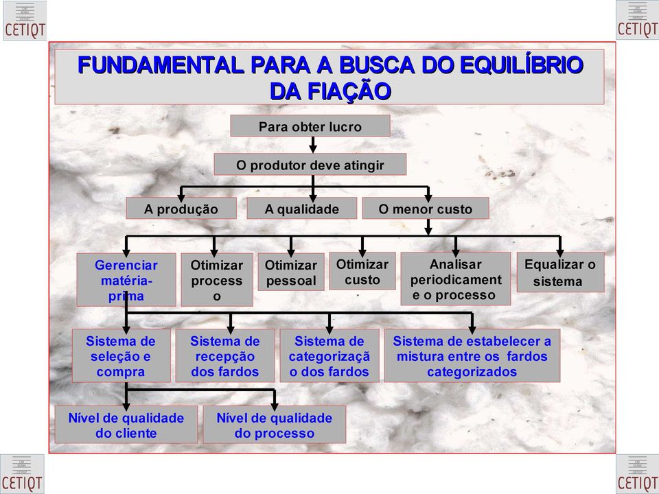 fardos A qualidade Otimizar pessoal Otimizar custo Sistema de categorizaçã o dos fardos Nível de qualidade do processo