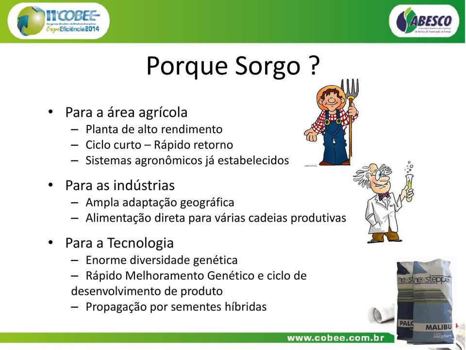 agronômicos já estabelecidos Para as indústrias Ampla adaptação geográfica Alimentação