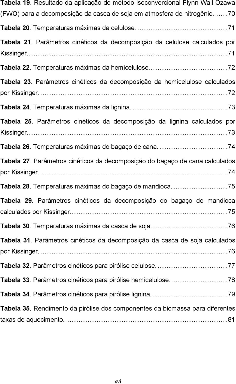 Parâmetros cinéticos da decomposição da hemicelulose calculados por Kissinger.... 72 Tabela 24. Temperaturas máximas da lignina.... 73 Tabela 25.