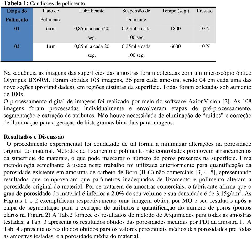 Foram obtidas 108 imagens, 36 para cada amostra, sendo 04 em cada uma das nove seções (profundidades), em regiões distintas da superfície. Todas foram coletadas sob aumento de 100x.