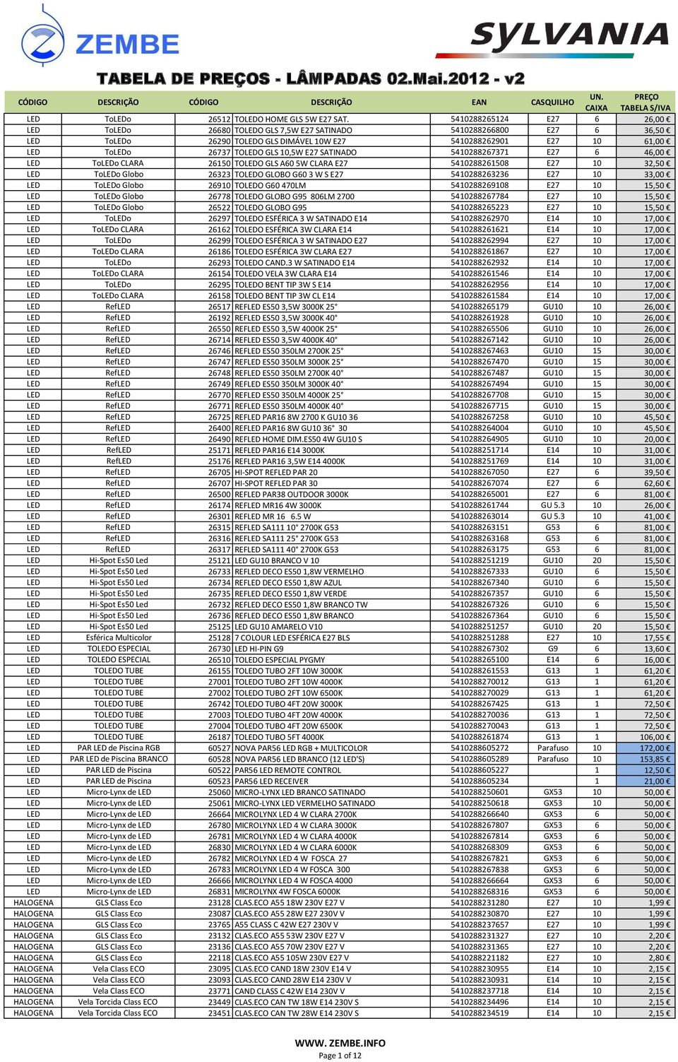 10,5W E27 SATINADO 5410288267371 E27 6 46,00 LED ToLEDo CLARA 26150 TOLEDO GLS A60 5W CLARA E27 5410288261508 E27 10 32,50 LED ToLEDo Globo 26323 TOLEDO GLOBO G60 3 W S E27 5410288263236 E27 10 33,00