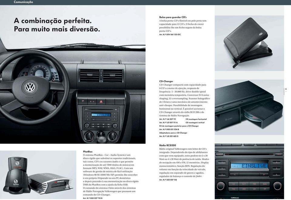 º 00V 061 133 01C CD-Changer CD-Changer compacto com capacidade para 6 CD s e motor de ejecção, resposta de frequência 5-20.000 Hz, drive double speed com memória temporária.