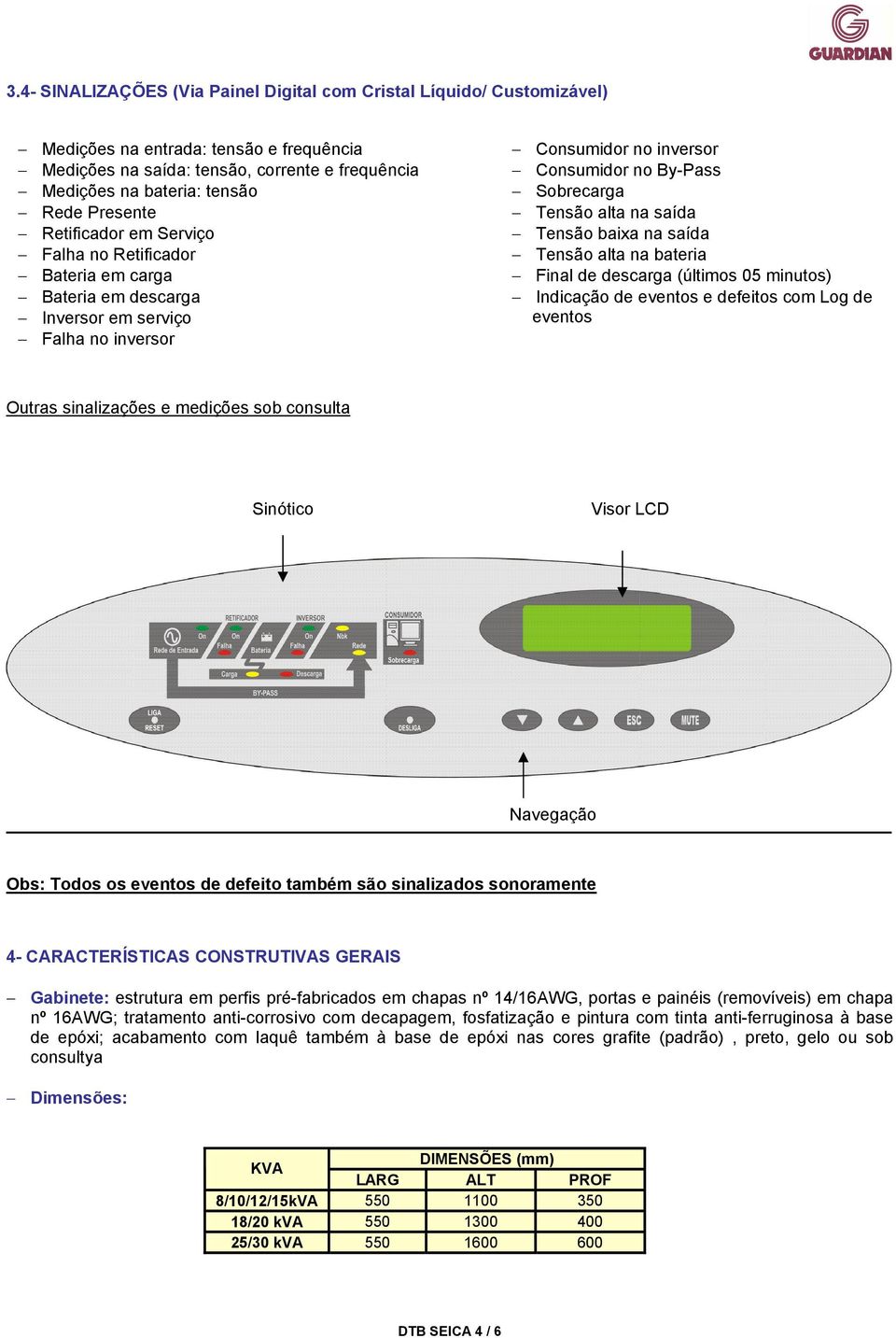 saída Tensão baixa na saída Tensão alta na bateria Final de descarga (últimos 05 minutos) Indicação de eventos e defeitos com Log de eventos Outras sinalizações e medições sob consulta Sinótico Visor