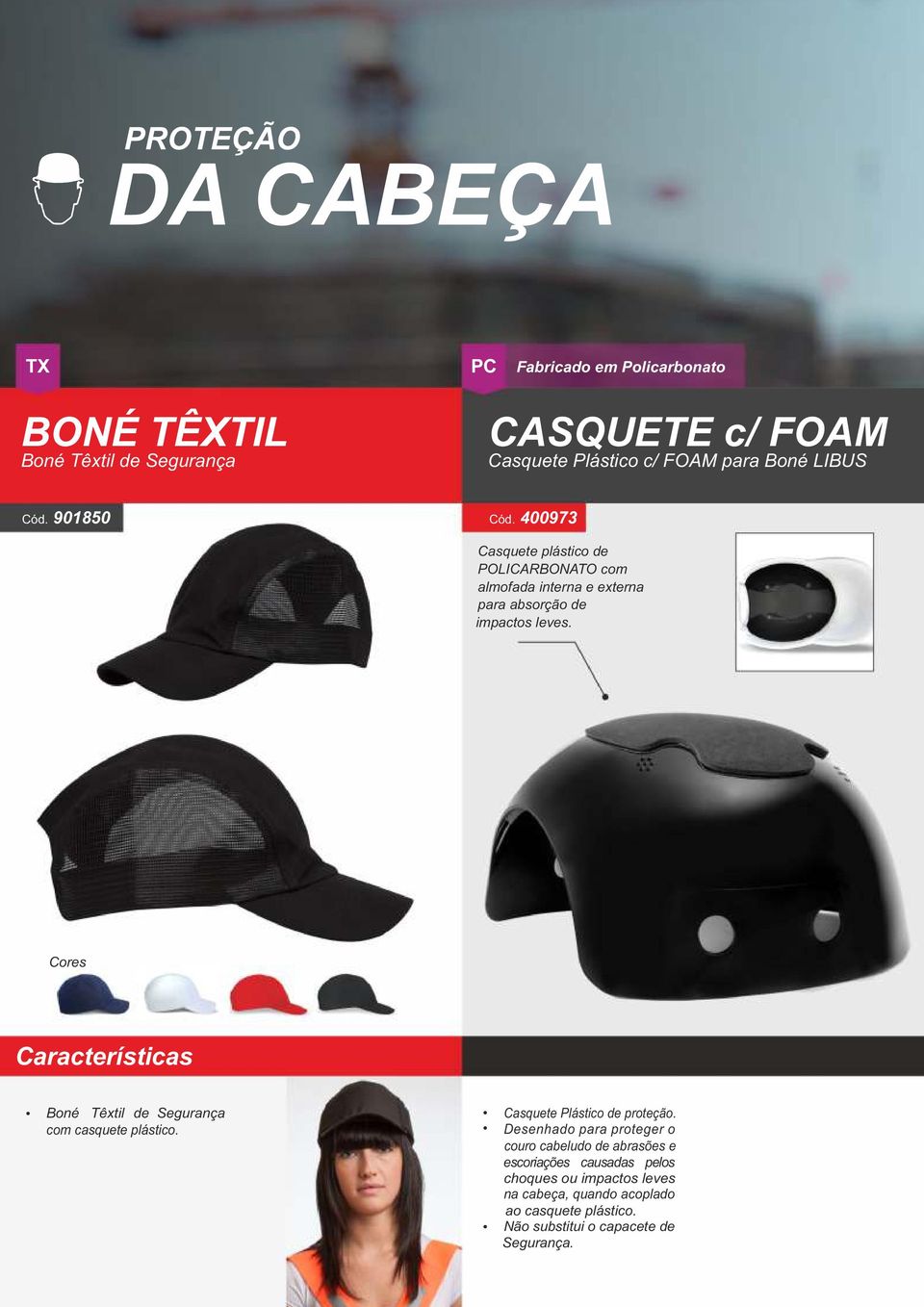 Cores Boné Têxtil de Segurança Casquete Plástico de proteção. com casquete plástico.