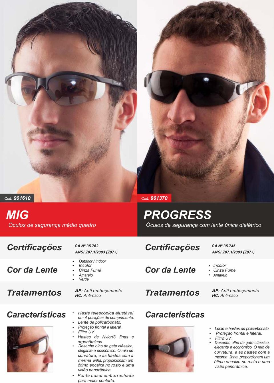 HC: Anti-risco Haste telescópica ajustável em 4 posições de comprimento. Lente de policarbonato. Proteção frontal e lateral. Filtro UV. Hastes de Nylon finas e ergonômicas.