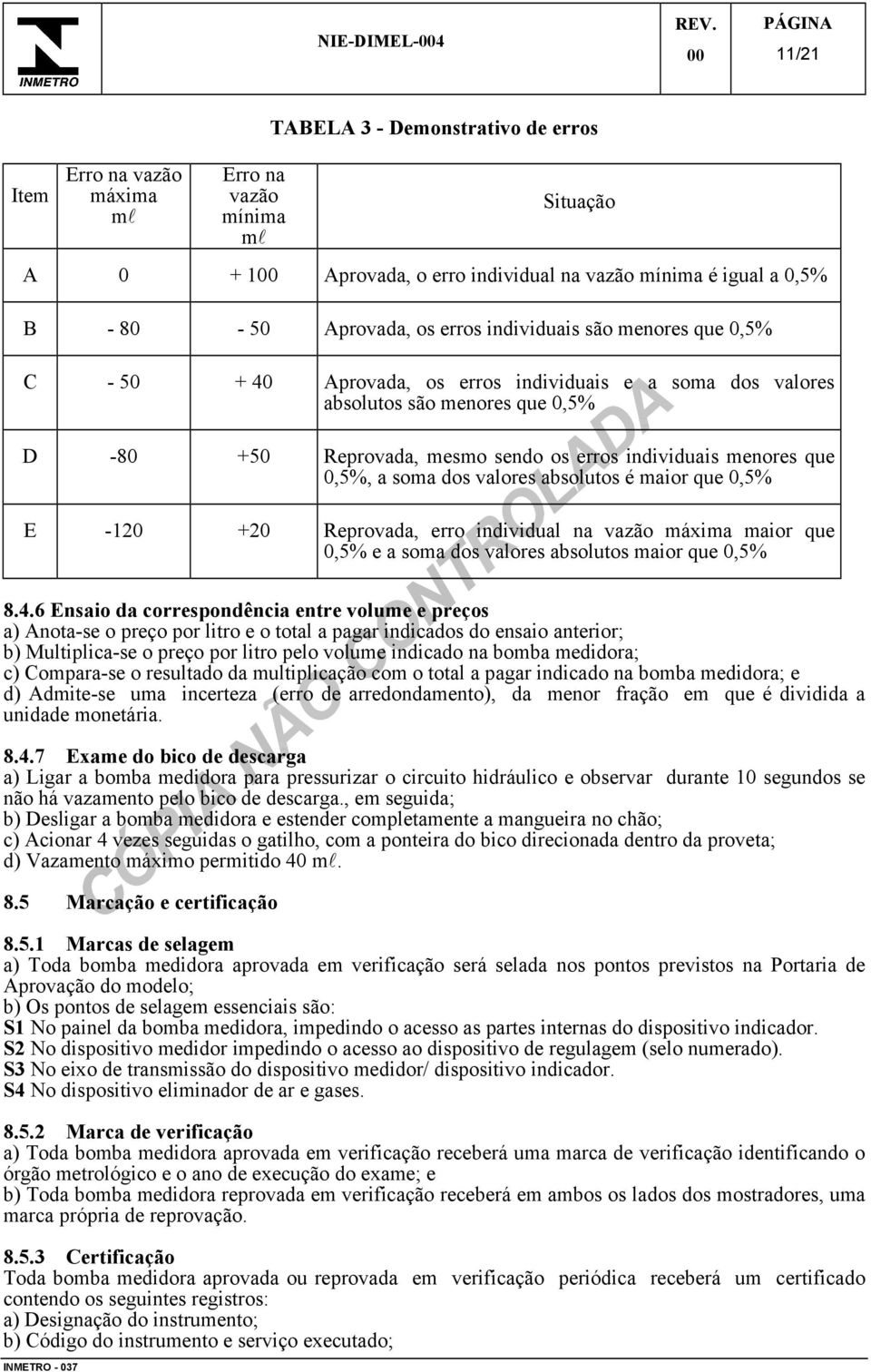 a soma dos valores absolutos é maior que 0,5% E -120 +20 Reprovada, erro individual na vazão máxima maior que 0,5% e a soma dos valores absolutos maior que 0,5% 8.4.