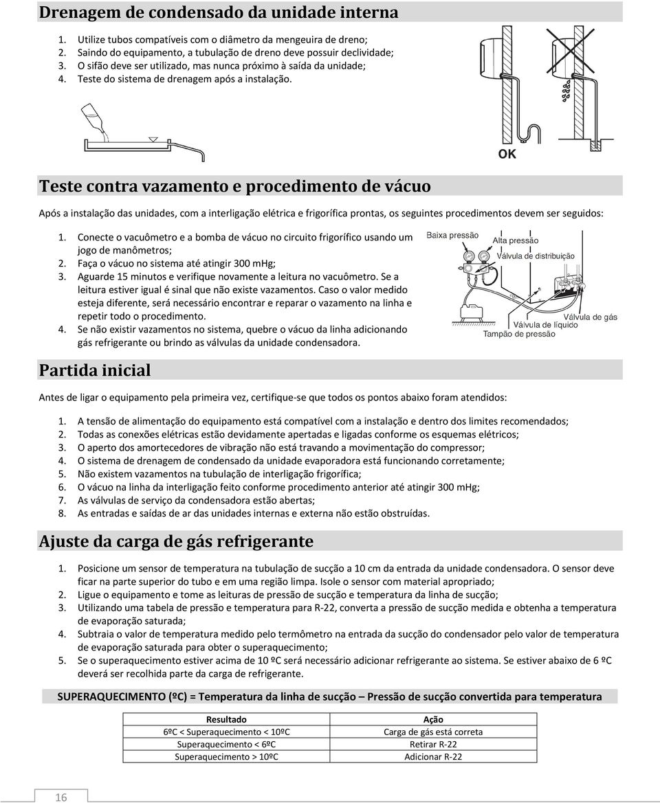 Teste contra vazamento e procedimento de vácuo Após a instalação das unidades, com a interligação elétrica e frigorífica prontas, os seguintes procedimentos devem ser seguidos: 1.